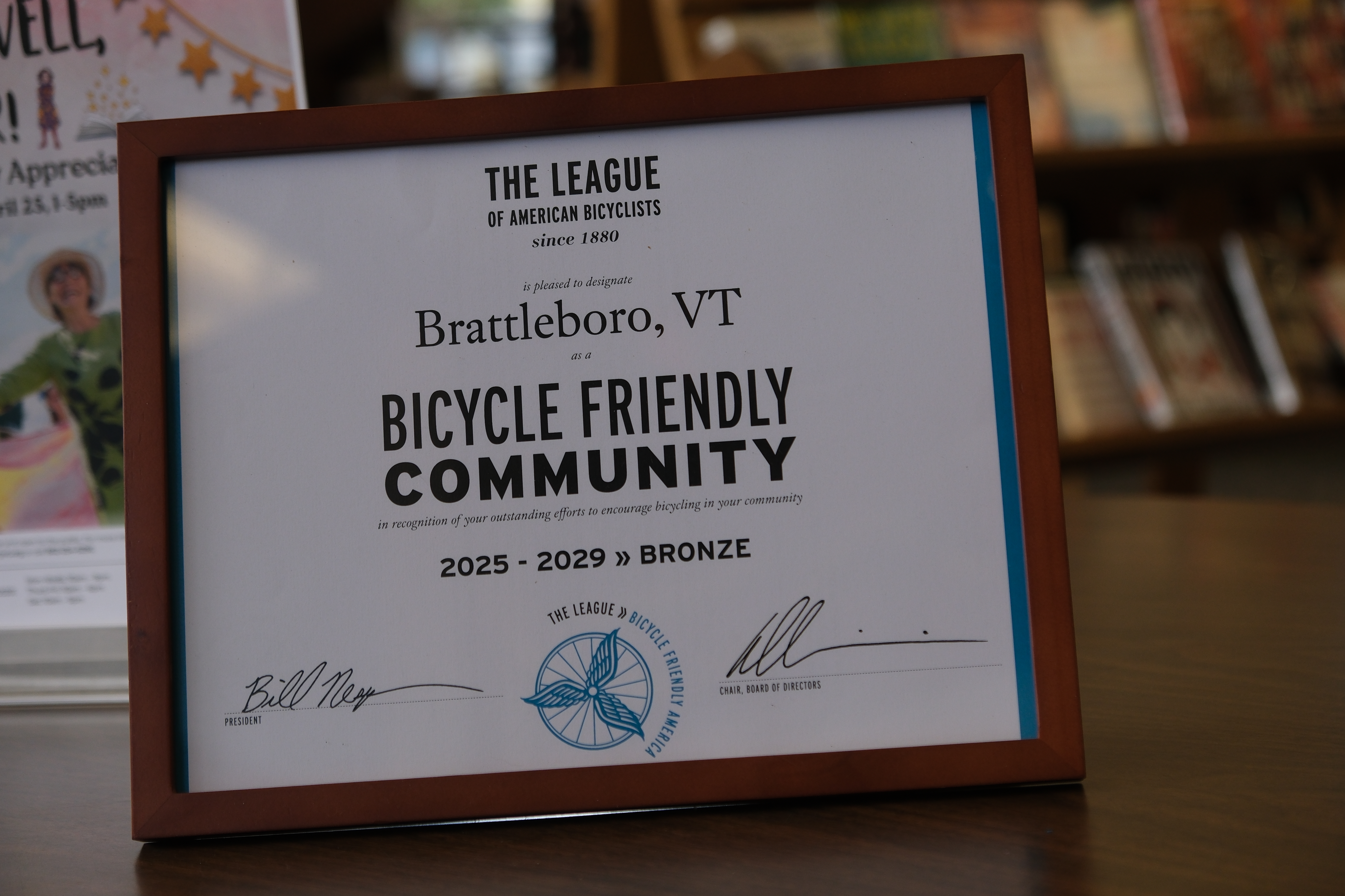 A close-up view of the bike-friendly award.