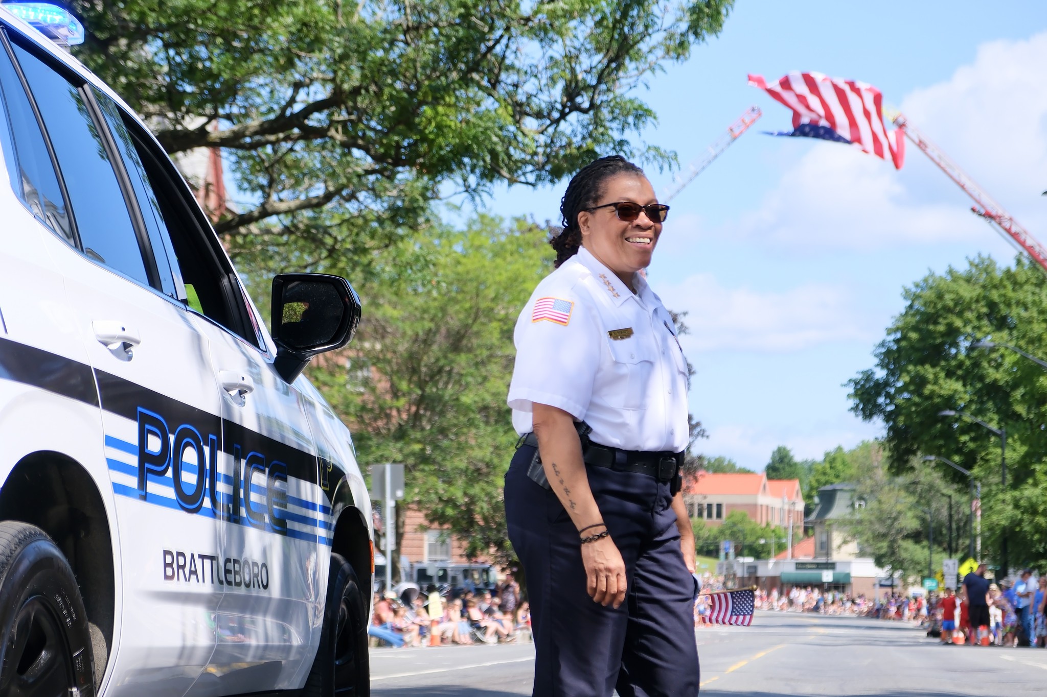 A photo of Police Chief Norma Hardy on Main Street in Brattleboro. 