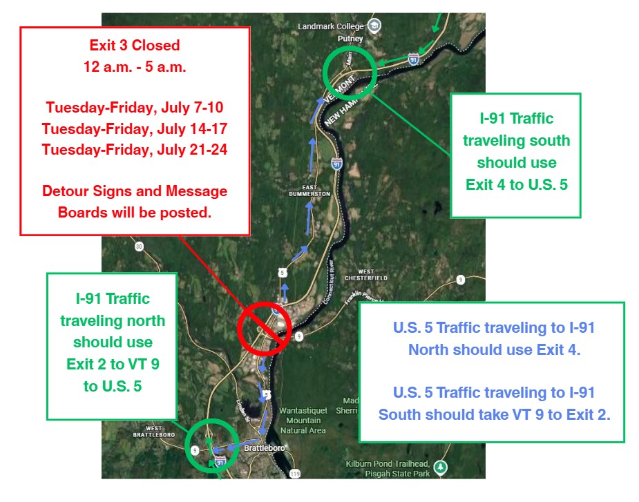 A map of the closure around the area of Interstate 91's exit 3 during the paving work that will be taking place in July 2026.