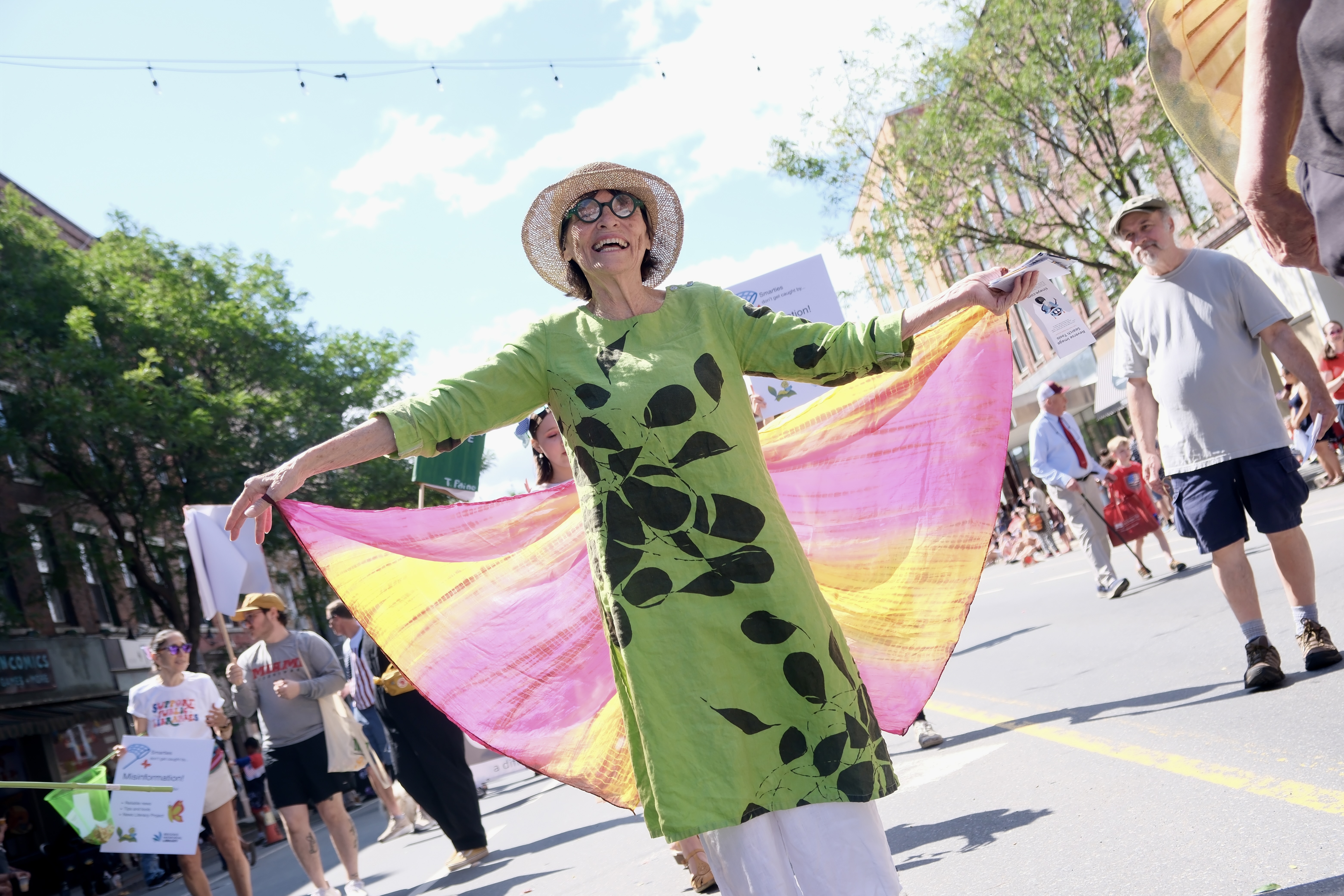 A photo of Starr LaTronica parading down the street during the 2025 Brattleboro Goes Fourth celebration.