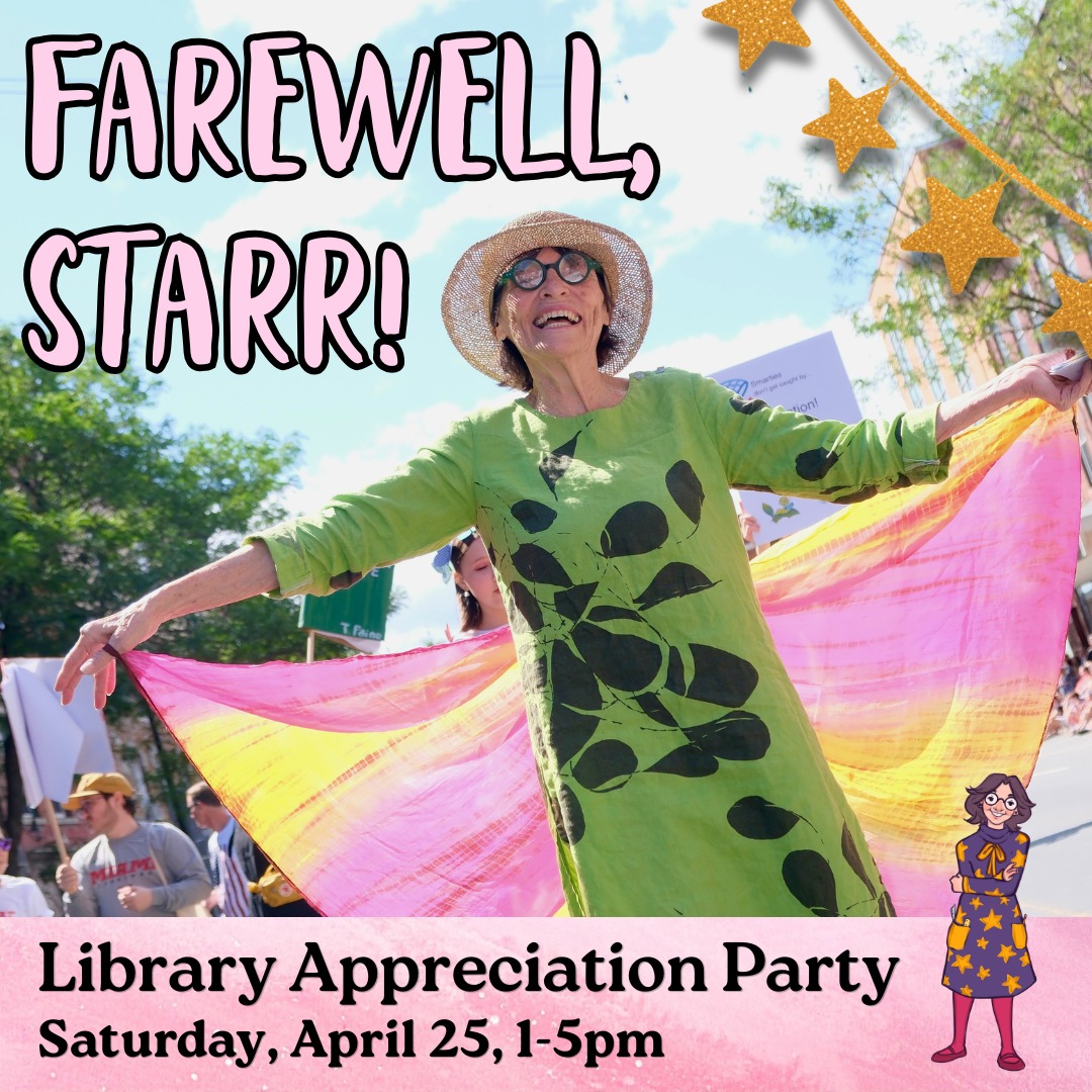 An invitation to Starr's retirement party on April 25, 2026 at the library.