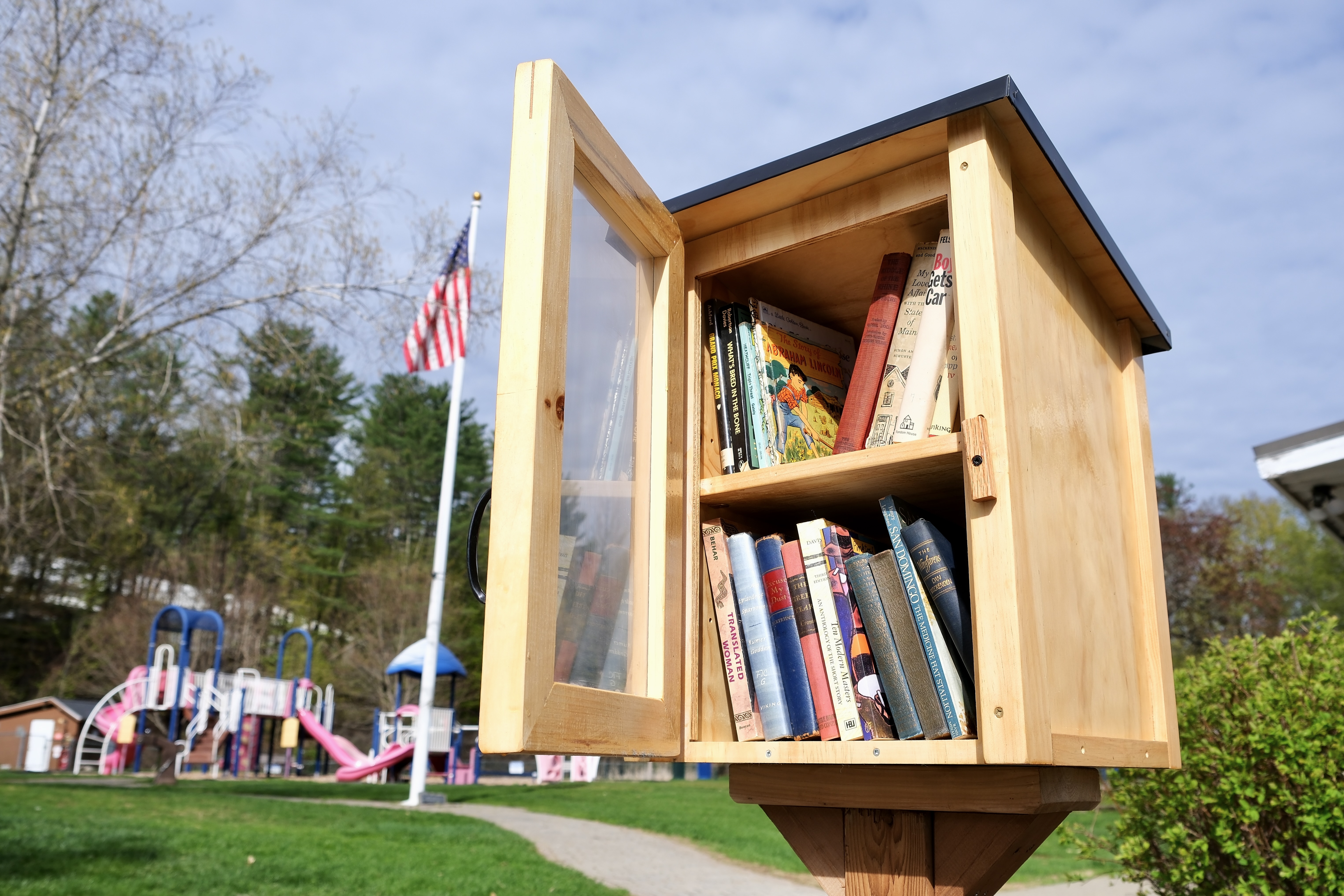 A collection of books inside the little library the morning it was unveiled to the public.