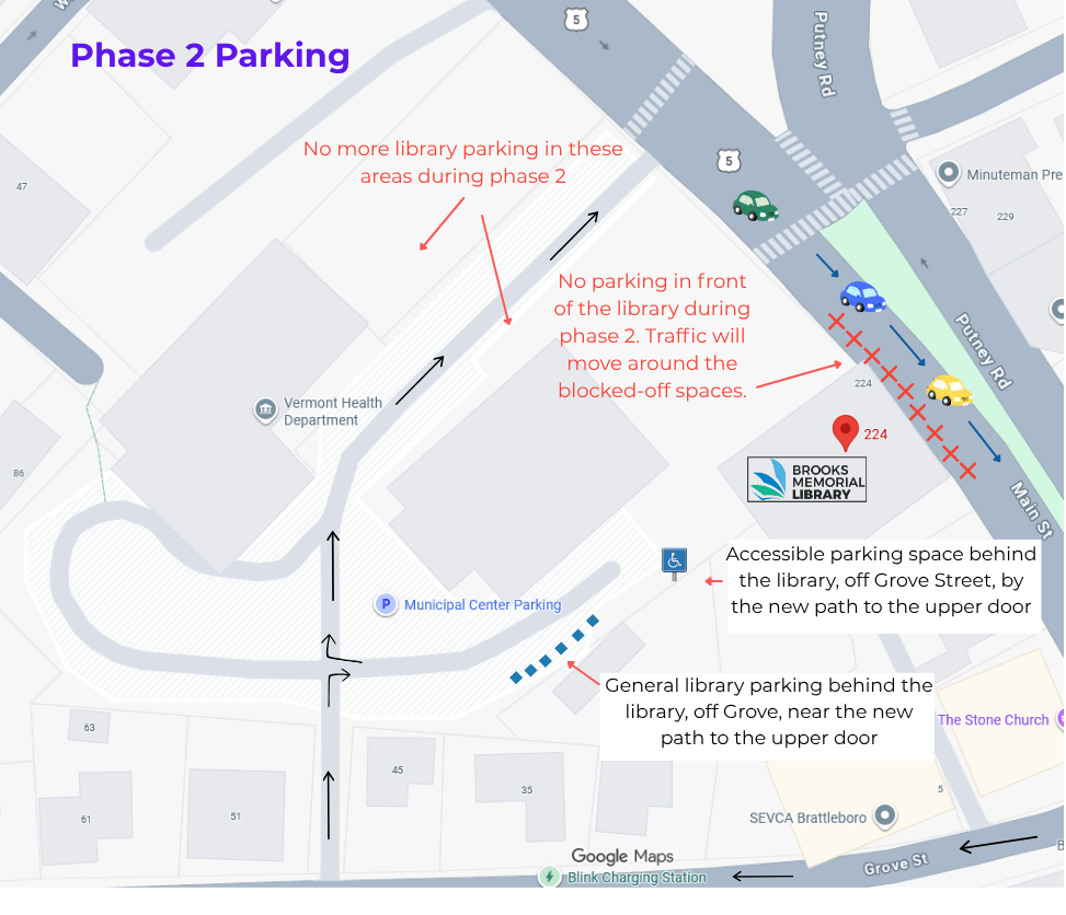 A map showing how parking will be impacted by the second phase of the Brook's Memorial Library's construction project.