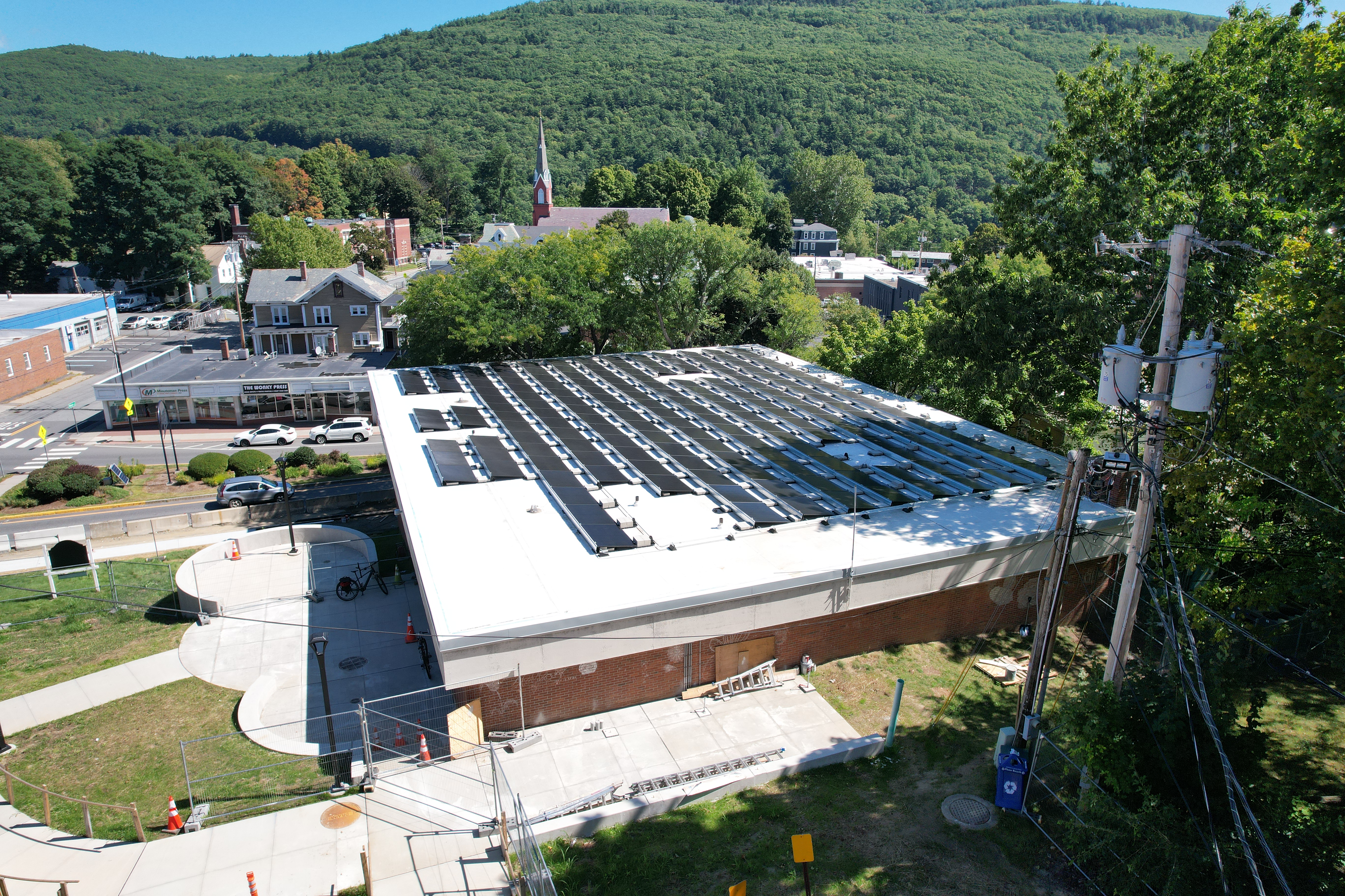 An aerial photo of the library's solar array.