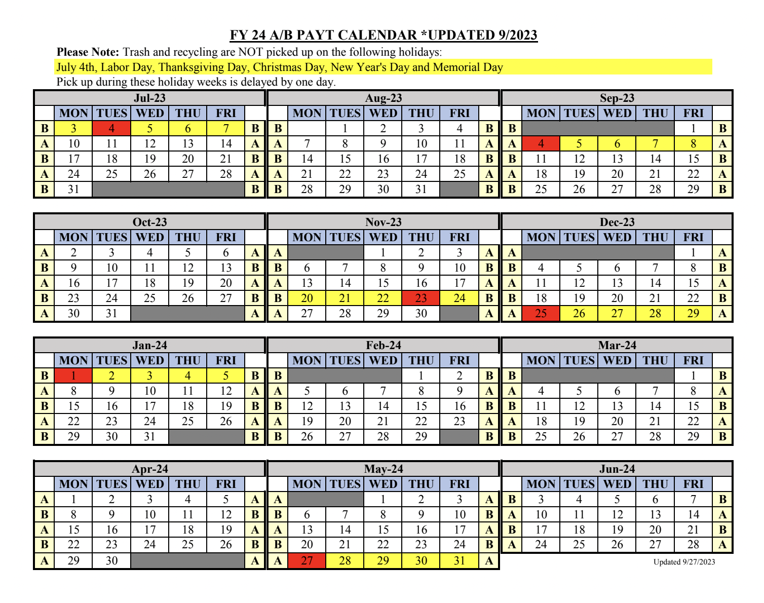 An image of the pay as you throw calendar