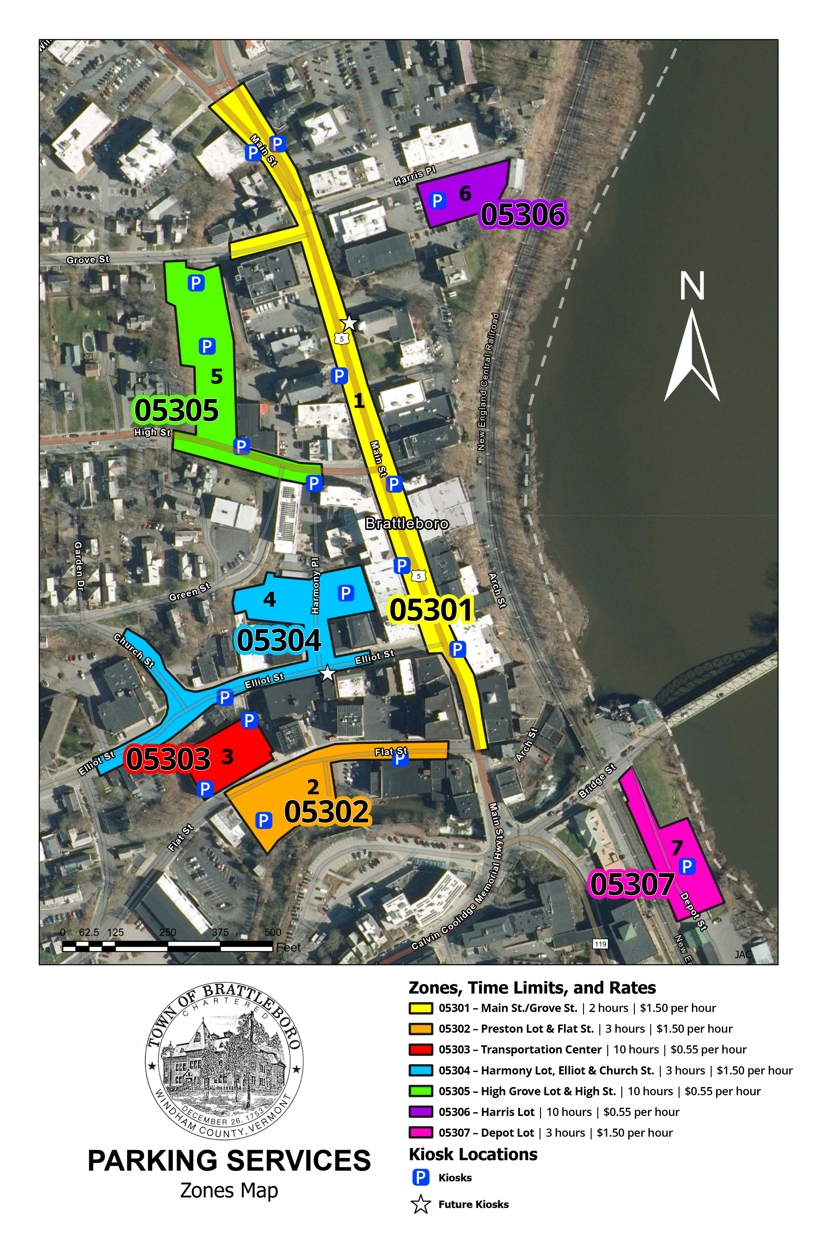 A map of the seven parking zones in downtown Brattleboro.