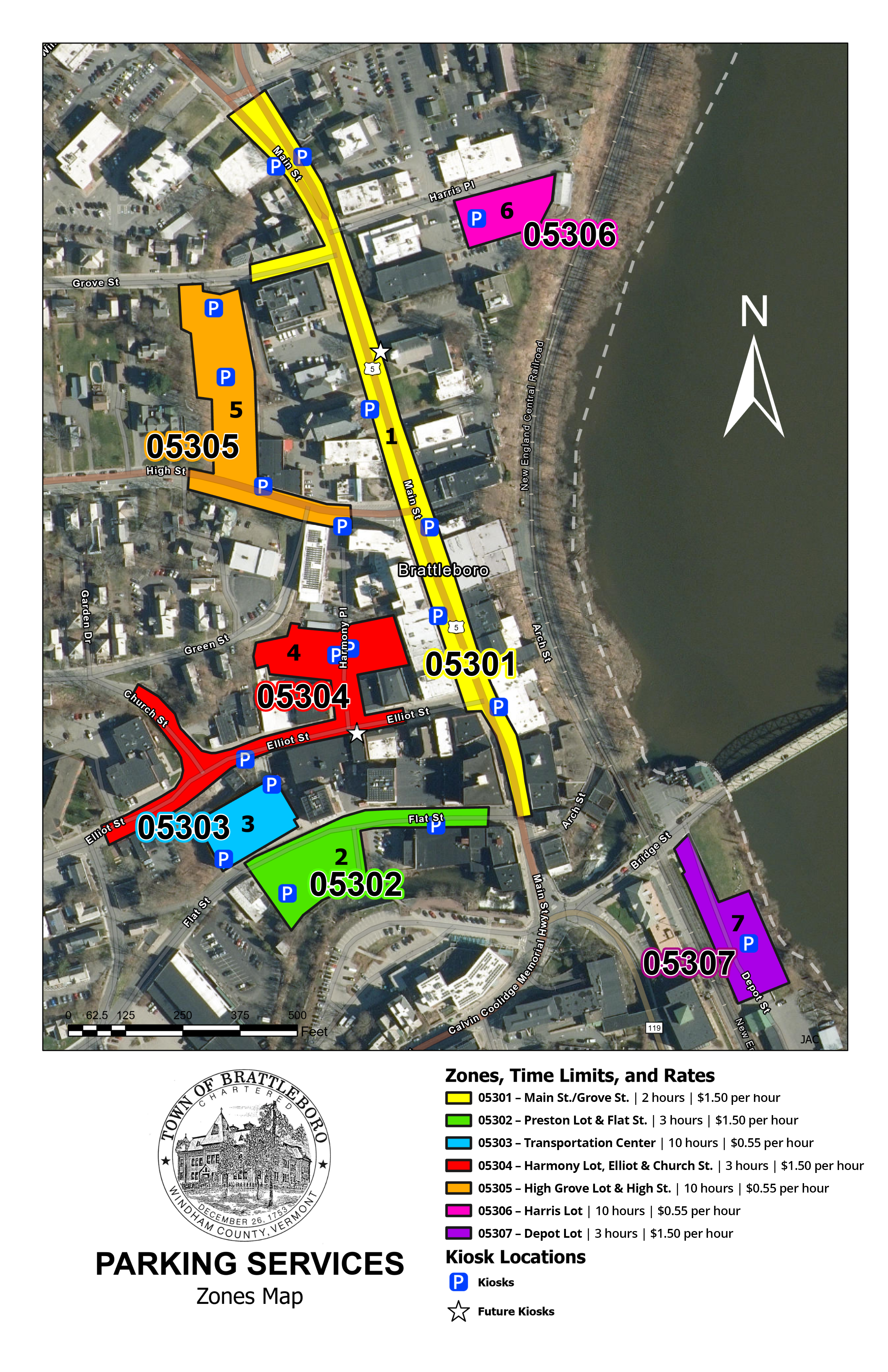 A map of parking zones in the downtown Brattleboro area. The map was updated on September 2, 2025.