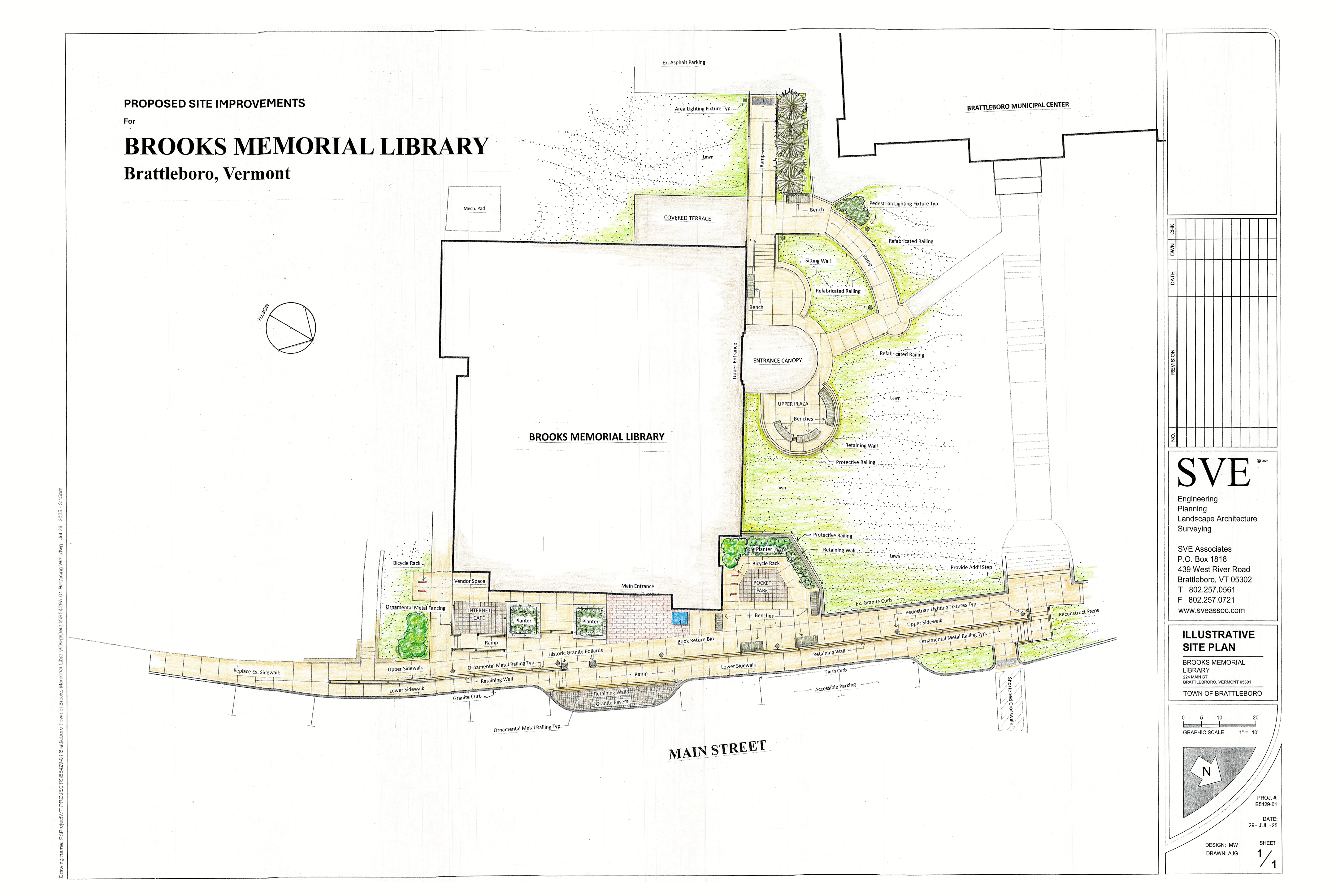 A drawing and sitemap of the construction project at Brooks Memorial Library.