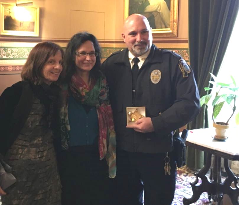 Chief Fitzgerald after receiving a Prevention Champion Award, with VT Rep. Mollie Burke and Brattleboro Area Prevention Coalition's Cassandra Holloway.