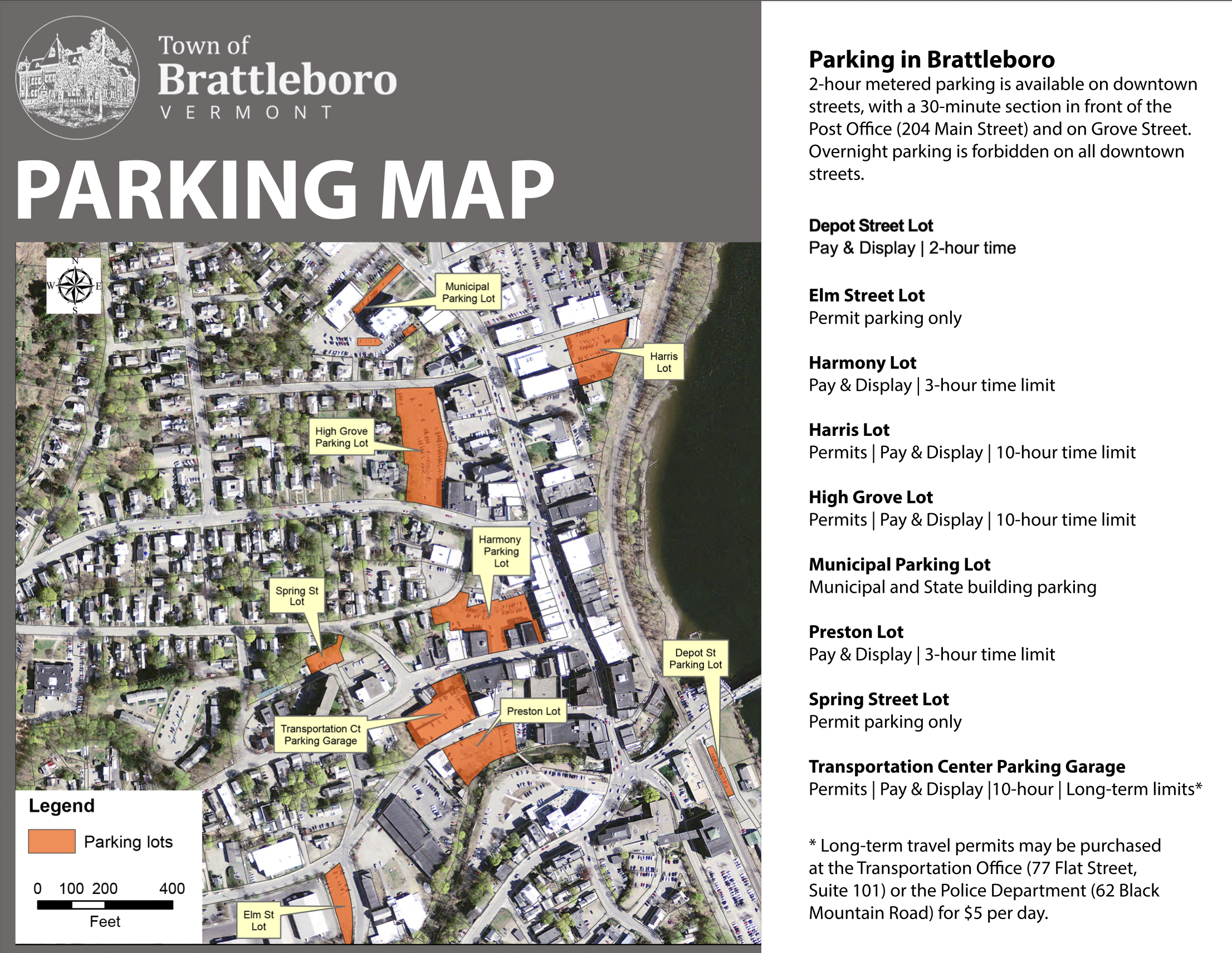 A map of parking lots in Downtown Brattleboro, Vermont